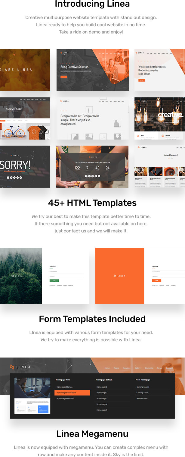 Linea is responsive HTML website template build with latest Bootstrap 3. Linea help you build beauty and modern website in no time. Linea has many of features to make your website stand out. Get Linea now!